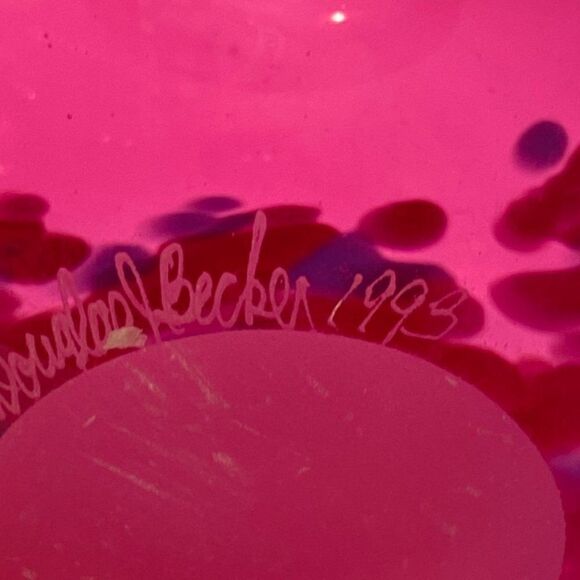 Vintage Douglas Becker Signed Cranberry Art Glass Vase Coin Dot Pattern - Picture 10 of 15